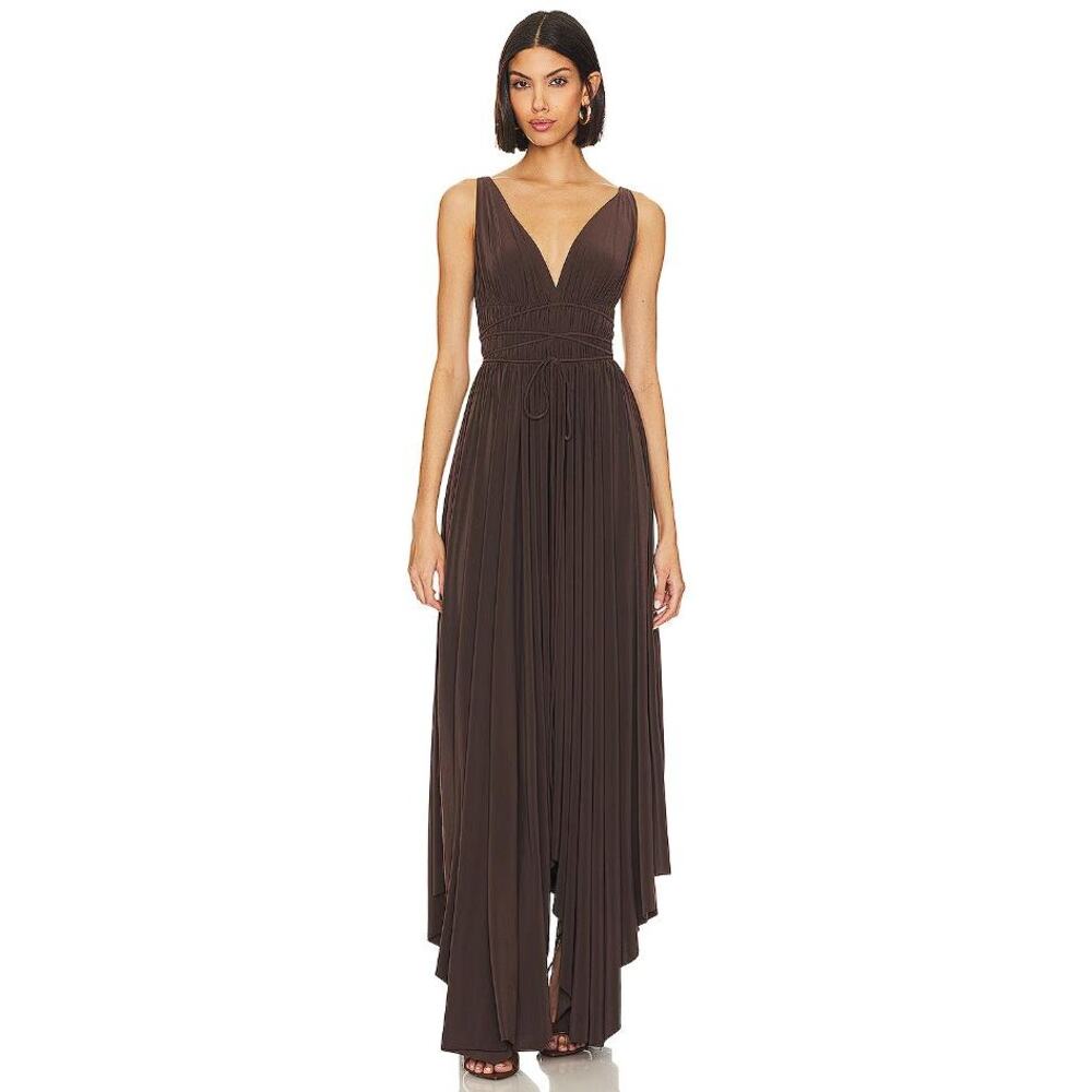 Norma Kamali Brown Asymmetrical Pleated V-Neck Dress NWT